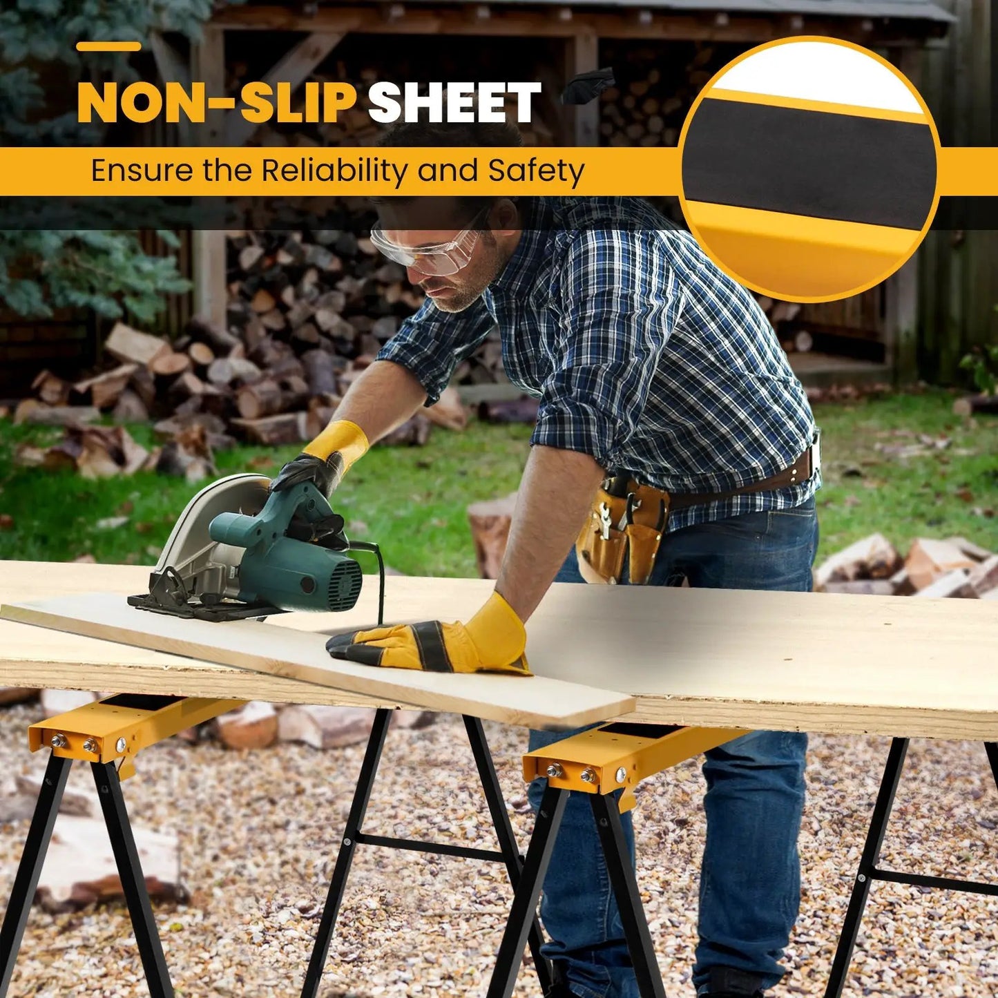 2-Pack Heavy Duty Sawhorses with Folding Legs, yellow tops and black steel legs on Tampa Home & Garden Store