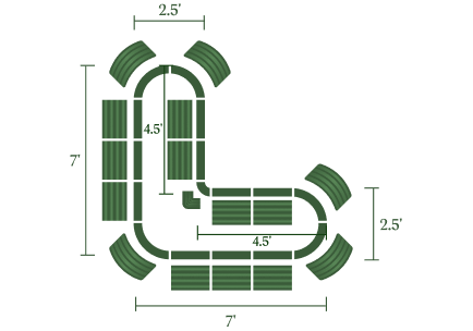 2-pack green L-shaped raised bed installation diagram for Tampa with 7' and 4.5' dimensions on Tampa Home & Garden Store