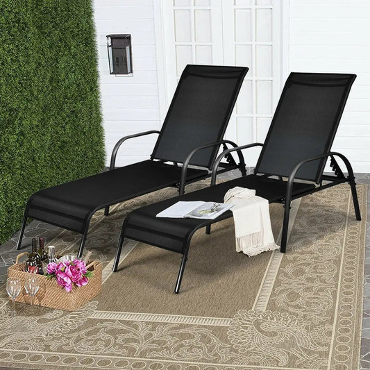 2 Pcs Outdoor Patio Lounge Chair Chaise Fabric with Adjustable Reclining Armrest - Tampa Home & Garden Store