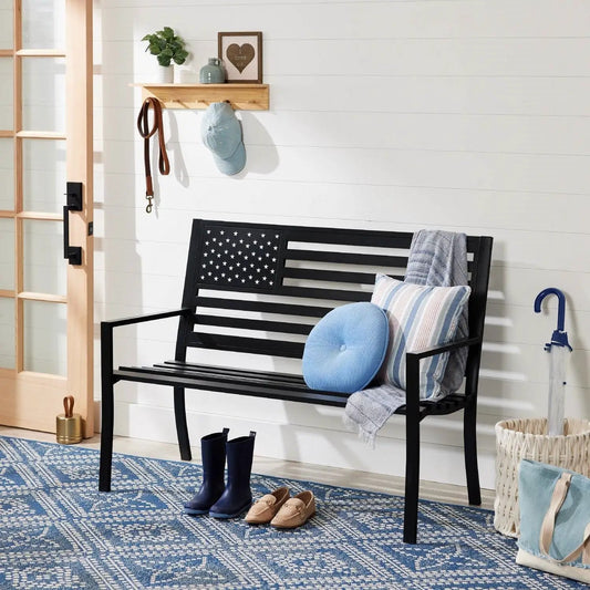 2 Person Patriotic USA Black Metal Bench with American Flag Backrest - Tampa Home & Garden Store