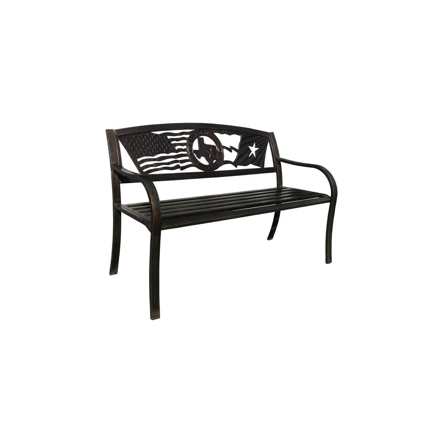 Outdoor metal bench with Texas star and USA flag motifs, bronze finish, 2-seat by HomePacific on Tampa Home & Garden Store