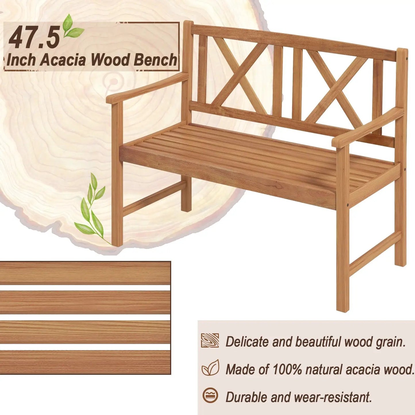 Two-person acacia wood outdoor bench with armrests and backrest, 47.5-inch slatted seat on Tampa Home & Garden Store
