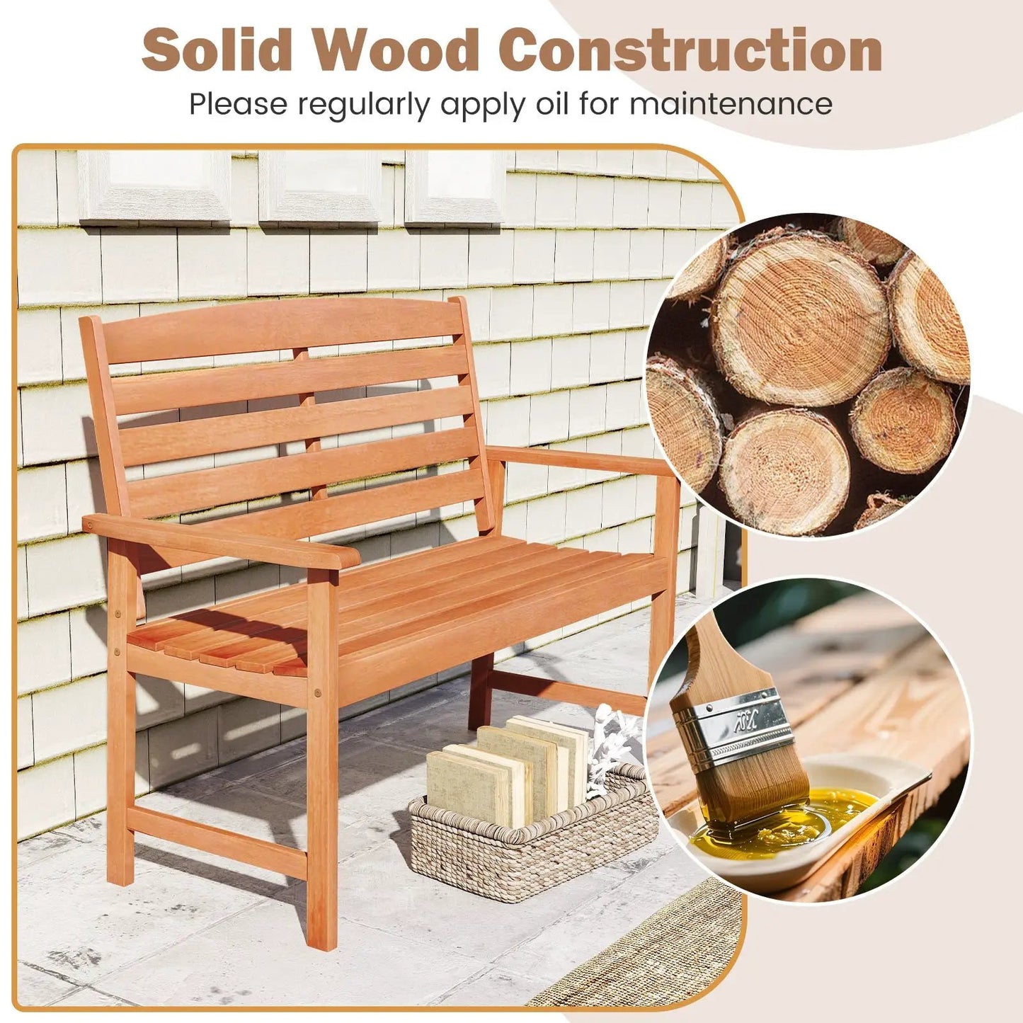 2-Person Wooden Garden Bench with Slatted Back natural wood finish outdoor patio DirectDeals on Tampa Home & Garden Store