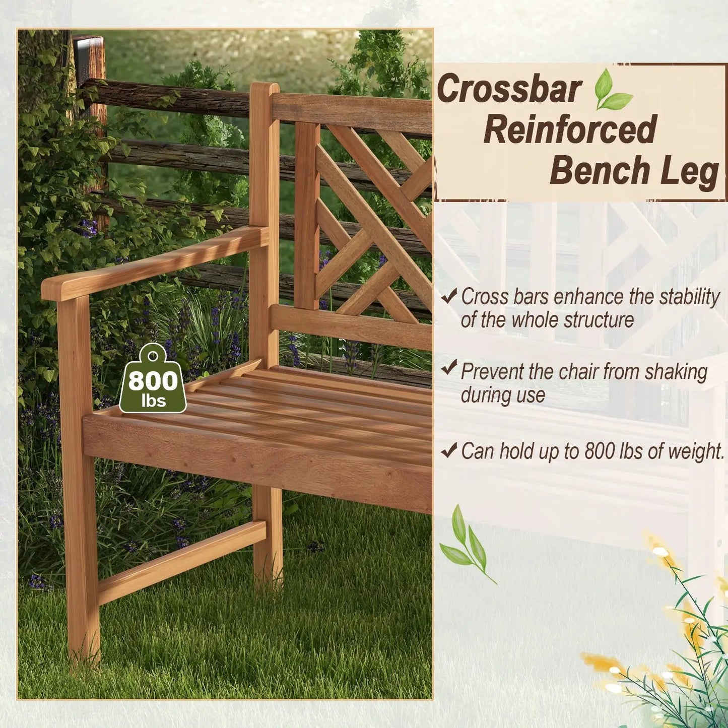 Two-person wooden outdoor bench with armrests and backrest in natural wood finish on Tampa Home & Garden Store