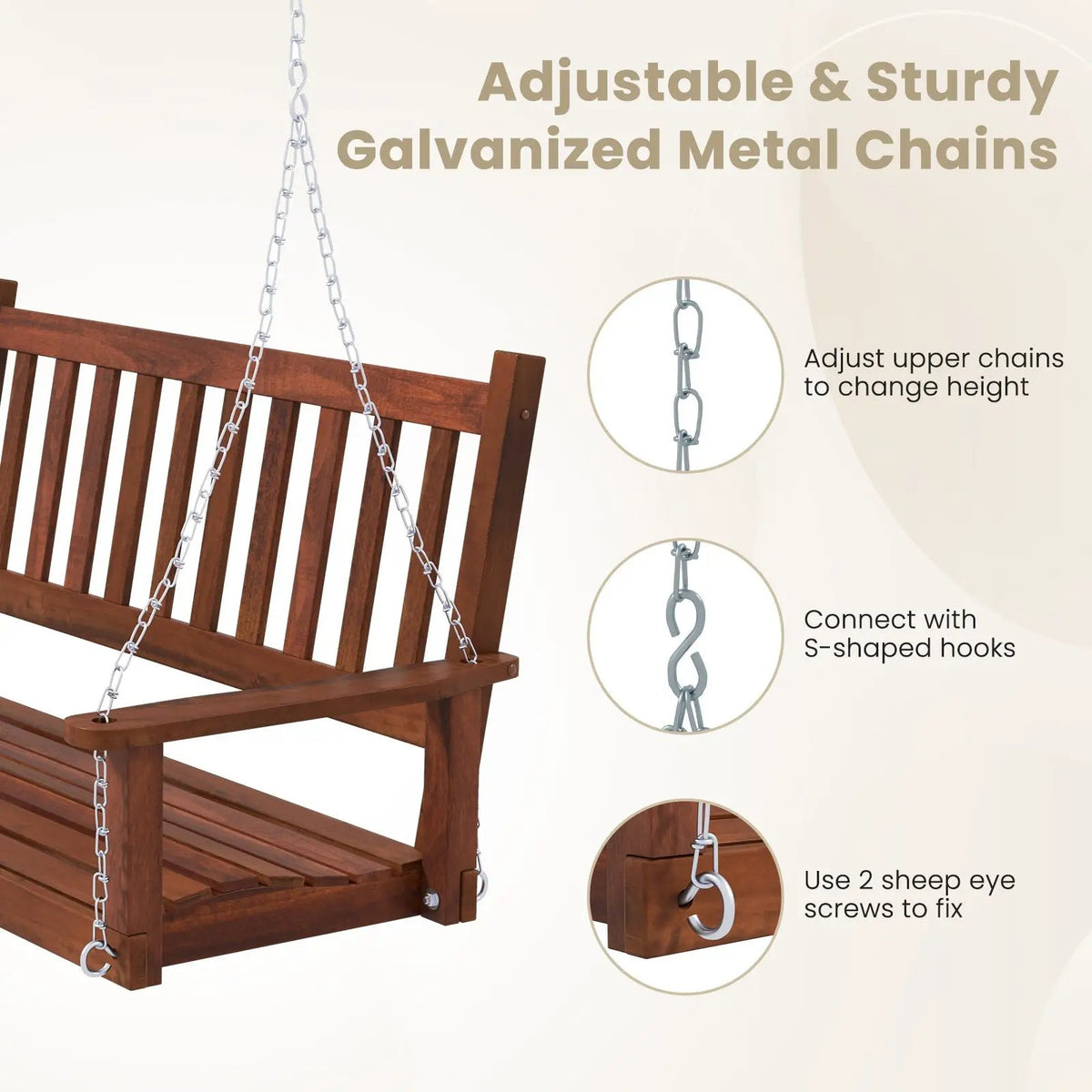 Two-Person Wooden Outdoor Porch Swing with 500 lb capacity, brown finish and chain suspension on Tampa Home & Garden Store