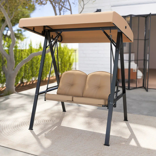 2-Person Outdoor Porch Swing with A-Shaped Metal Stand and Adjustable Canopy-Beige - Tampa Home & Garden Store