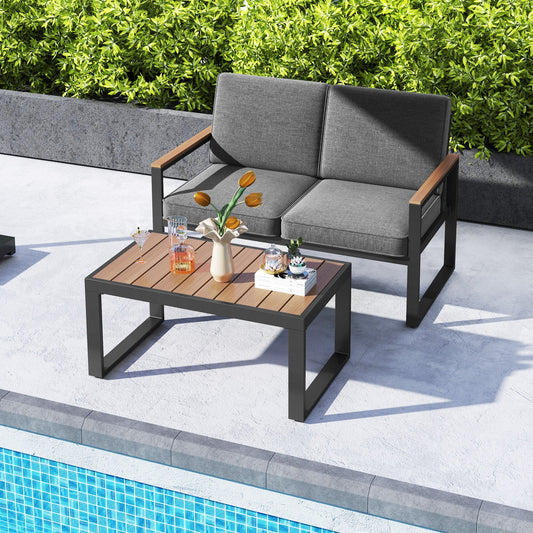 2 Piece Patio Aluminum Furniture Set with Wood-Plastic Armrests and Tabletop-Gray - Tampa Home & Garden Store