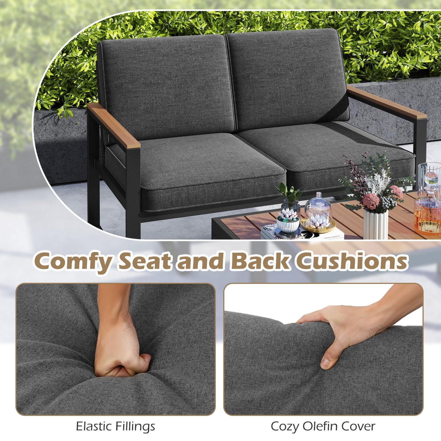 2 Piece Patio Aluminum Furniture Set with Wood-Plastic Armrests and Tabletop-Gray