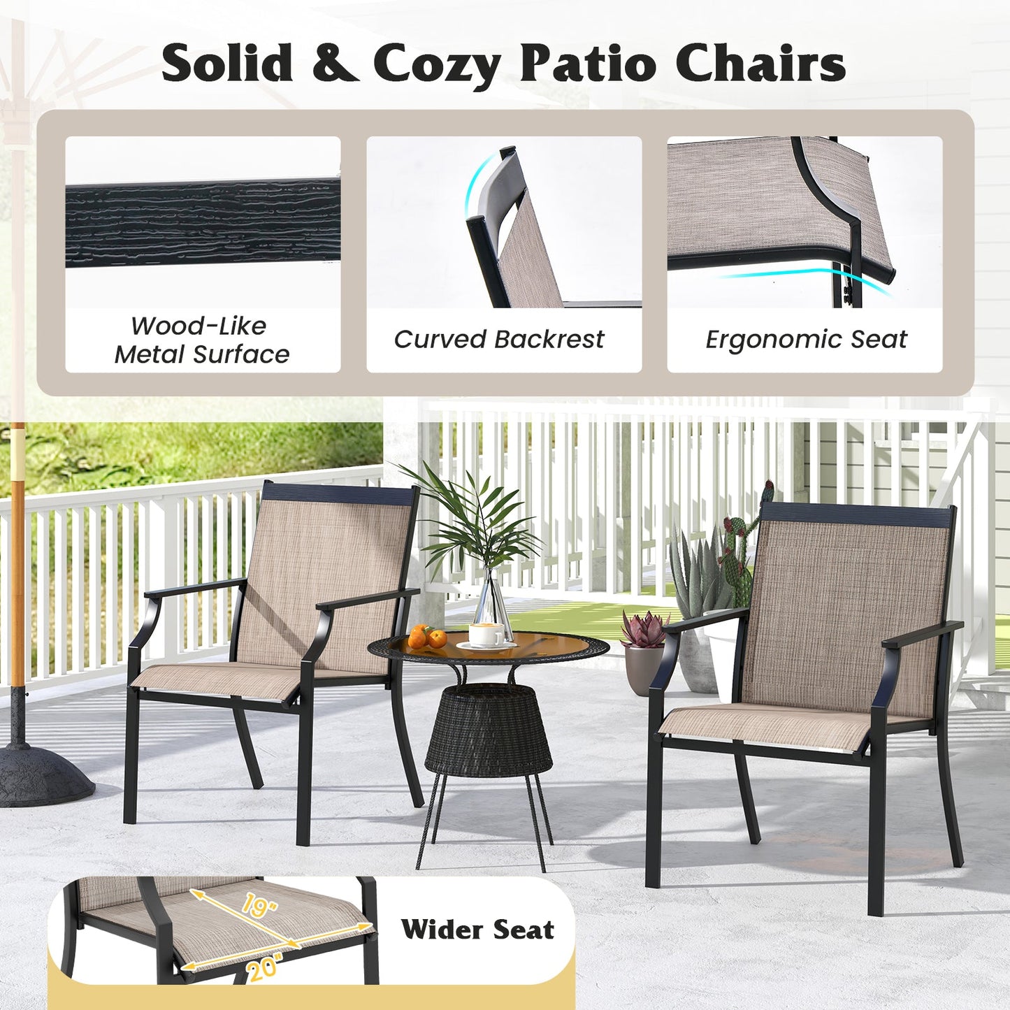 2 Piece Patio Dining Chairs Large Outdoor Chairs with Breathable Seat and Metal Frame-Brown - Tampa Home & Garden Store