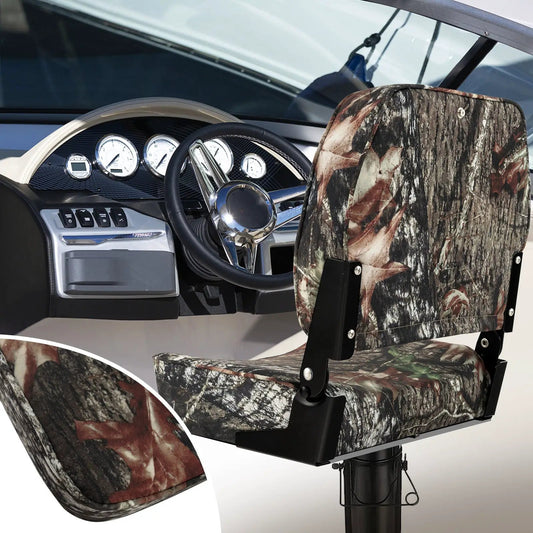 Camouflage two-piece folding boat seat set with sponge padding on a pedestal mount on Tampa Home & Garden Store