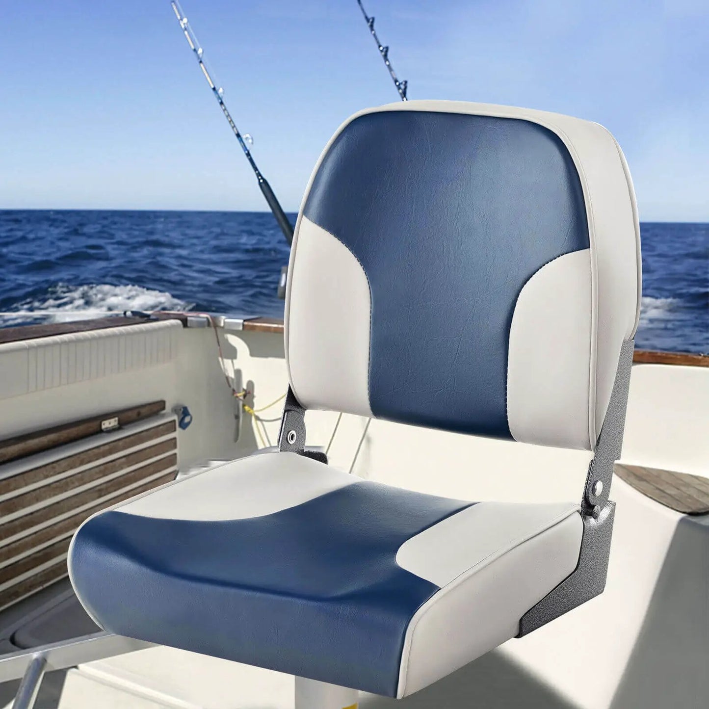 Two-Piece Low Back Boat Seat Set blue and white cushions with sponge padding on Tampa Home & Garden Store