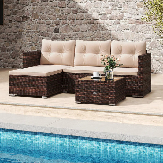 4-Seat Outdoor Wicker Set with Glass Table beige cushions brown wicker DirectDeals furniture on Tampa Home & Garden Store