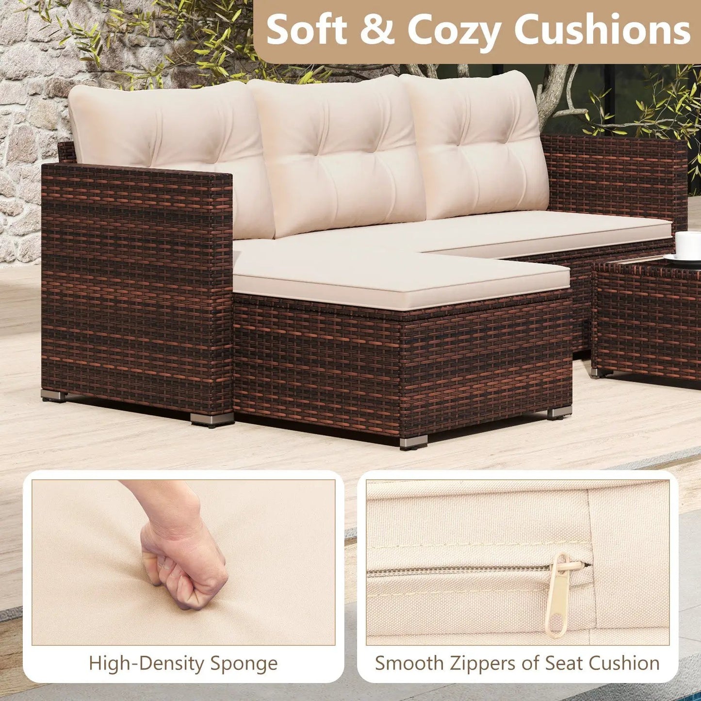 4-seat outdoor wicker furniture set with beige cushions and glass coffee table DirectDeals on Tampa Home & Garden Store