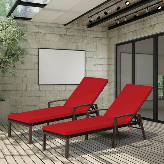 2 Pieces Patio Rattan Adjustable Back Lounge Chair with Armrest and Removable Cushions-Red - Tampa Home & Garden Store