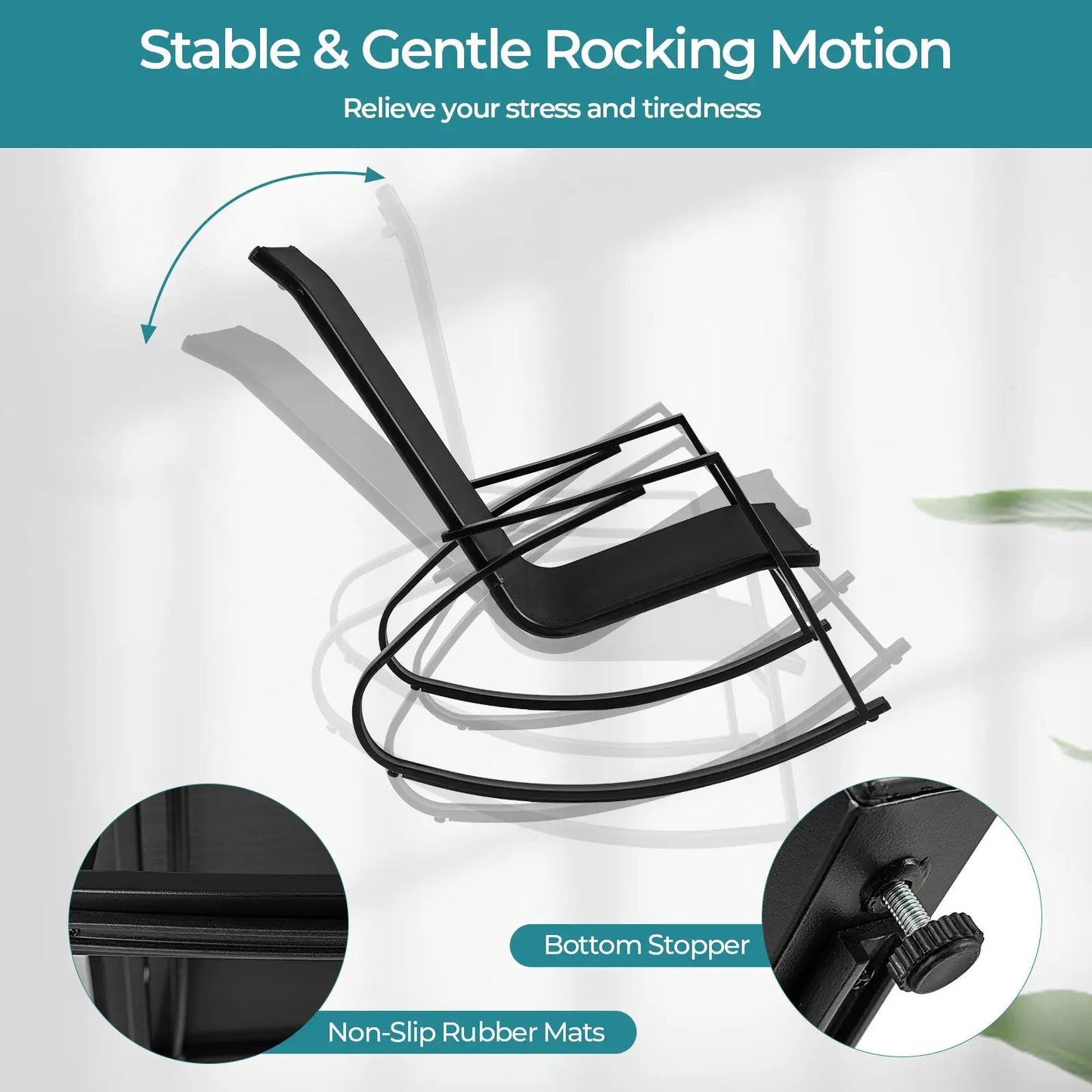2 Piece patio rocking chairs with ergonomic back, DirectDeals, black fabric seats and metal frames on Tampa Home & Garden Store
