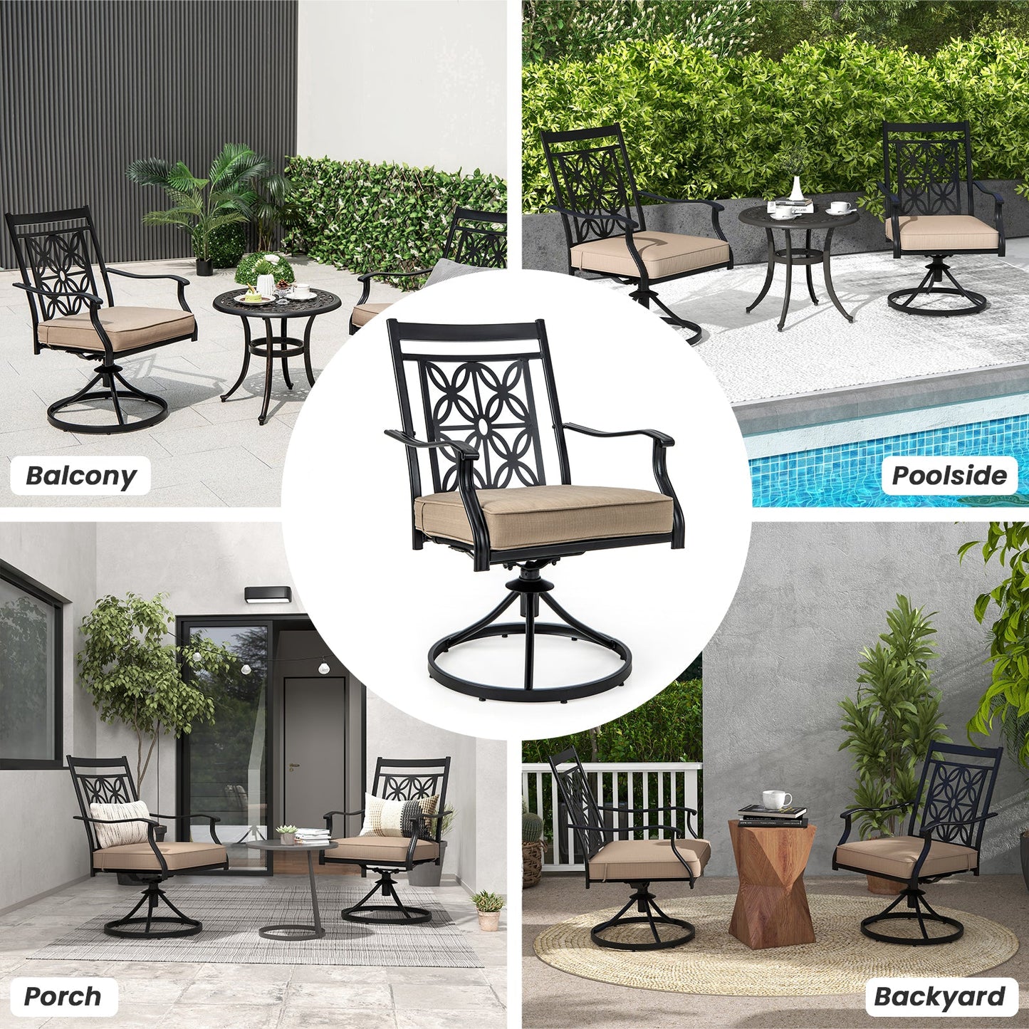 2 Pieces Patio Swivel Chairs with Blossom Pattern Backrest and Cushions-Black - Tampa Home & Garden Store