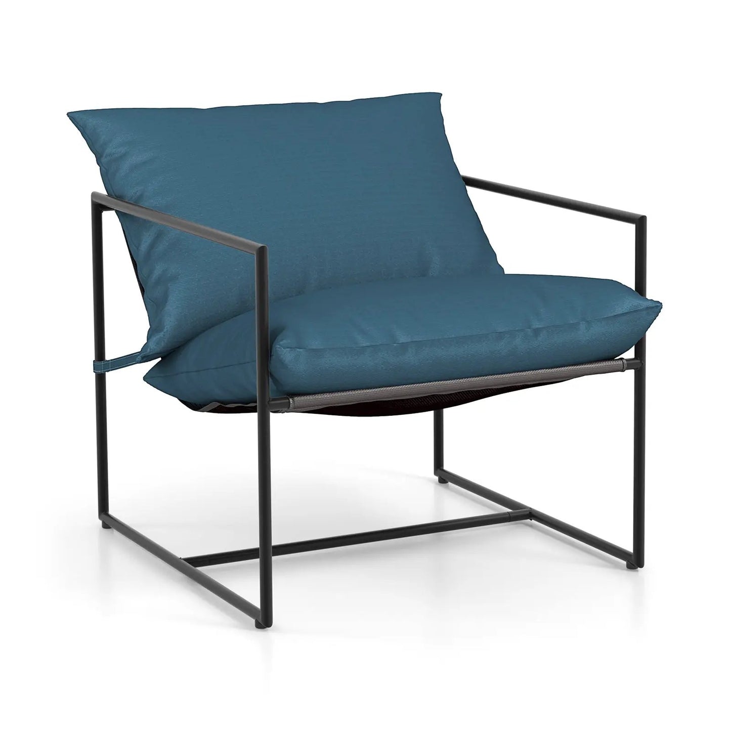 Two-Piece navy weatherproof sling accent chair with cushions and black metal frame on Tampa Home & Garden Store