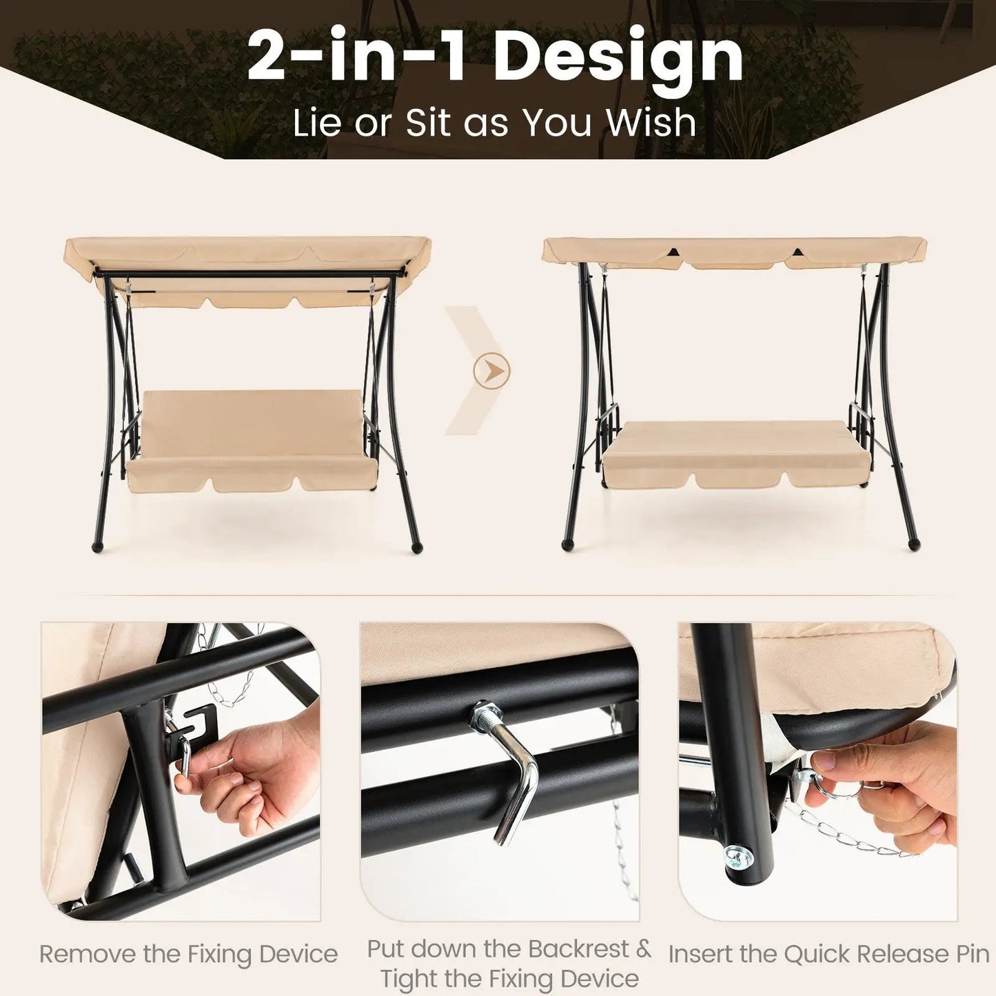 Beige two-seat outdoor convertible swing chairs with canopy and black frame by DirectDeals on Tampa Home & Garden Store