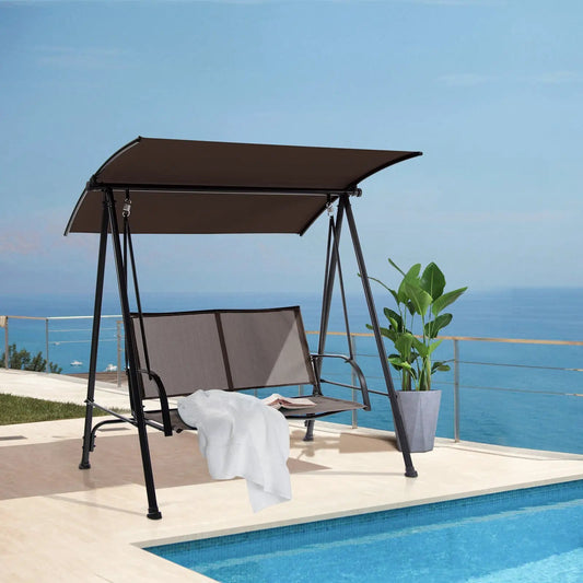 2-Seat Outdoor Canopy Swing with Comfortable Fabric Seat and Heavy-duty Metal Frame-Brown - Tampa Home & Garden Store