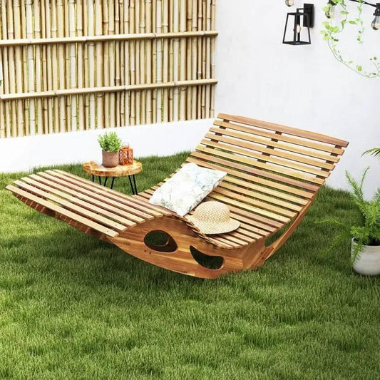 2-Seater Adirondack Slatted Acacia Patio Dual Rocker Sunbed Wood Lounger - Tampa Home & Garden Store