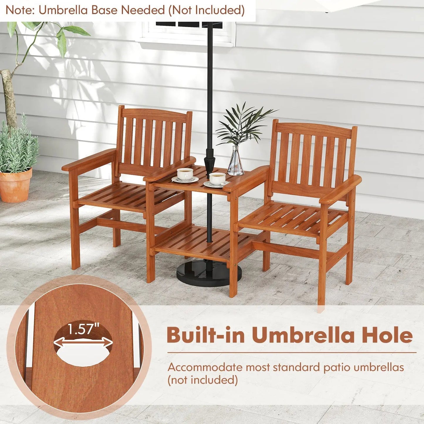 2-seat brown wooden outdoor patio furniture set with built-in 1.57 inch umbrella hole on Tampa Home & Garden Store