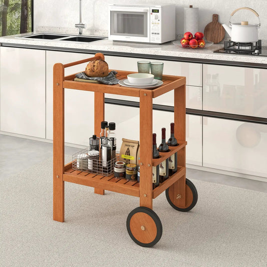 Two-tier wooden rolling cart with wine bottle holders and wheels, natural finish on Tampa Home & Garden Store