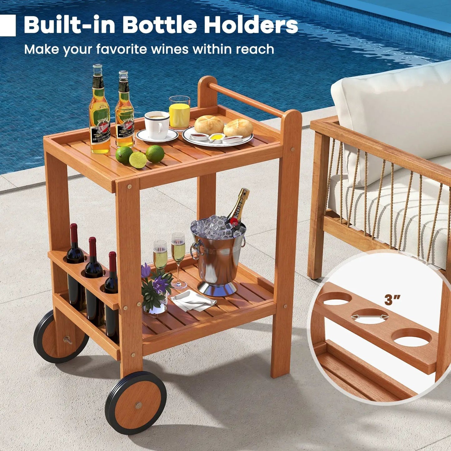Two-Tier wooden rolling cart with built-in wine bottle holders and wheels on Tampa Home & Garden Store