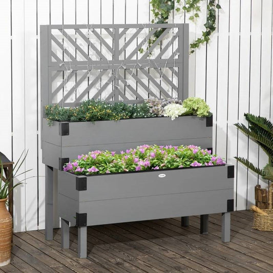 2 Tier Self Draining Grey Wood Raised Garden Bed Planter Box with Trellis - Tampa Home & Garden Store