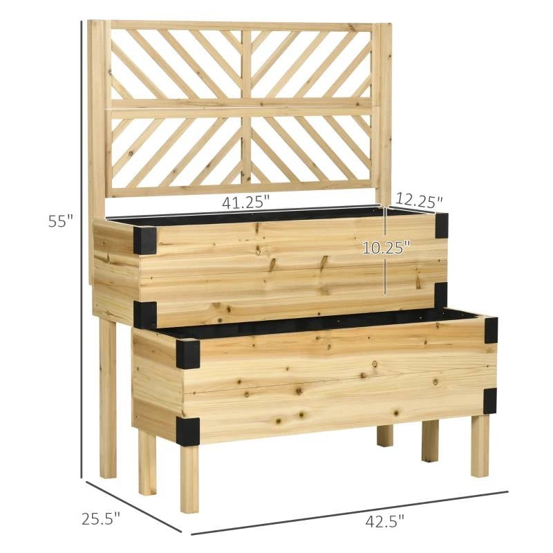 2 Tier Self Draining Natural Wood Raised Garden Bed Planter Box with Trellis - Tampa Home & Garden Store