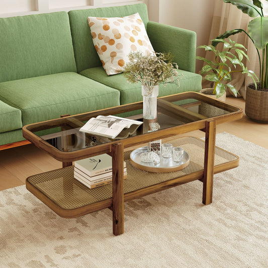 2-Tier Coffee Table with Storage and Tempered Glass Tabletop-Brown - Tampa Home & Garden Store