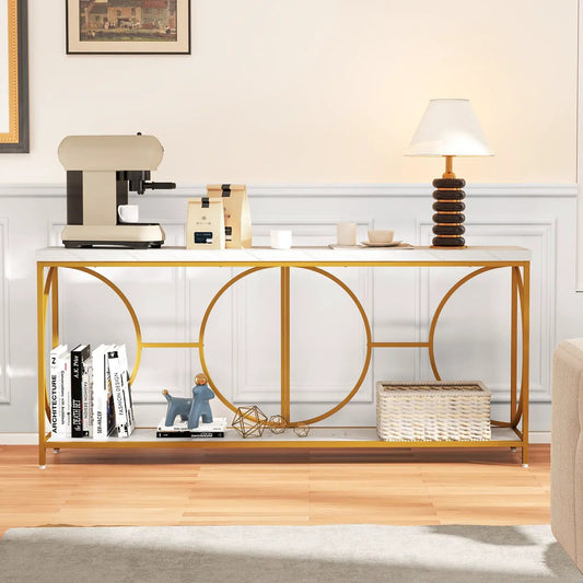2-Tier Faux Marble Top Console Table with Storage Shelf-White - Tampa Home & Garden Store