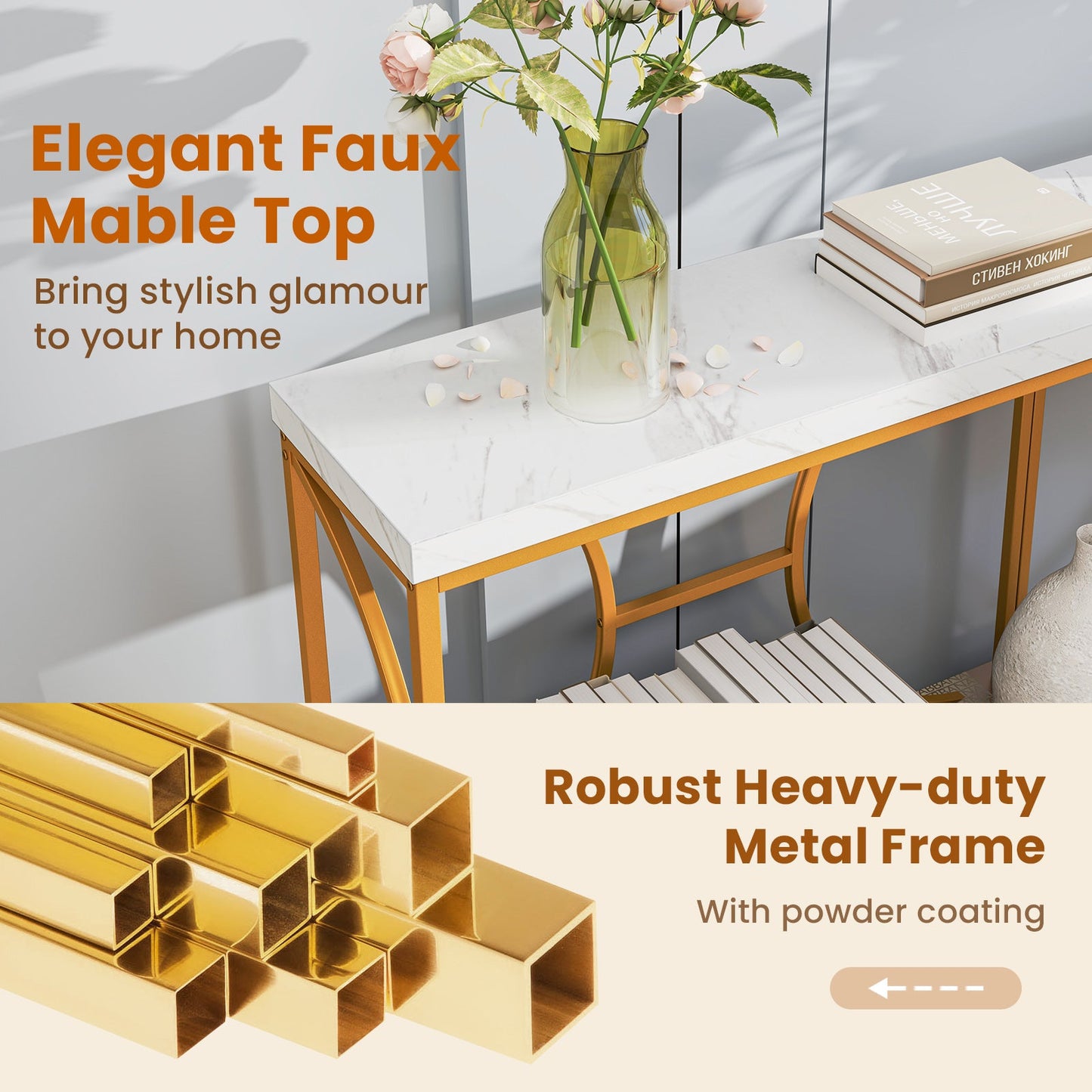Two-tier faux marble console table with gold metal frame and storage shelf on Tampa Home & Garden Store
