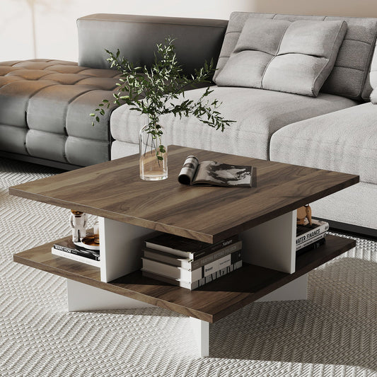 2-Tier Square Coffee Table with 4 Storage Compartments-Walnut - Tampa Home & Garden Store