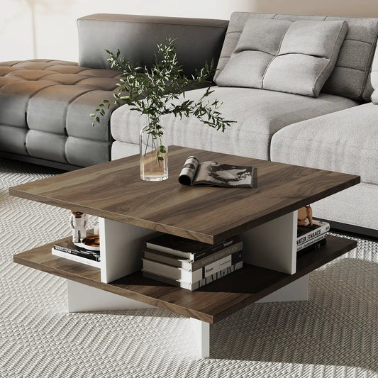 2-Tier Square Coffee Table with 4 Storage Compartments-Walnut - Tampa Home & Garden Store