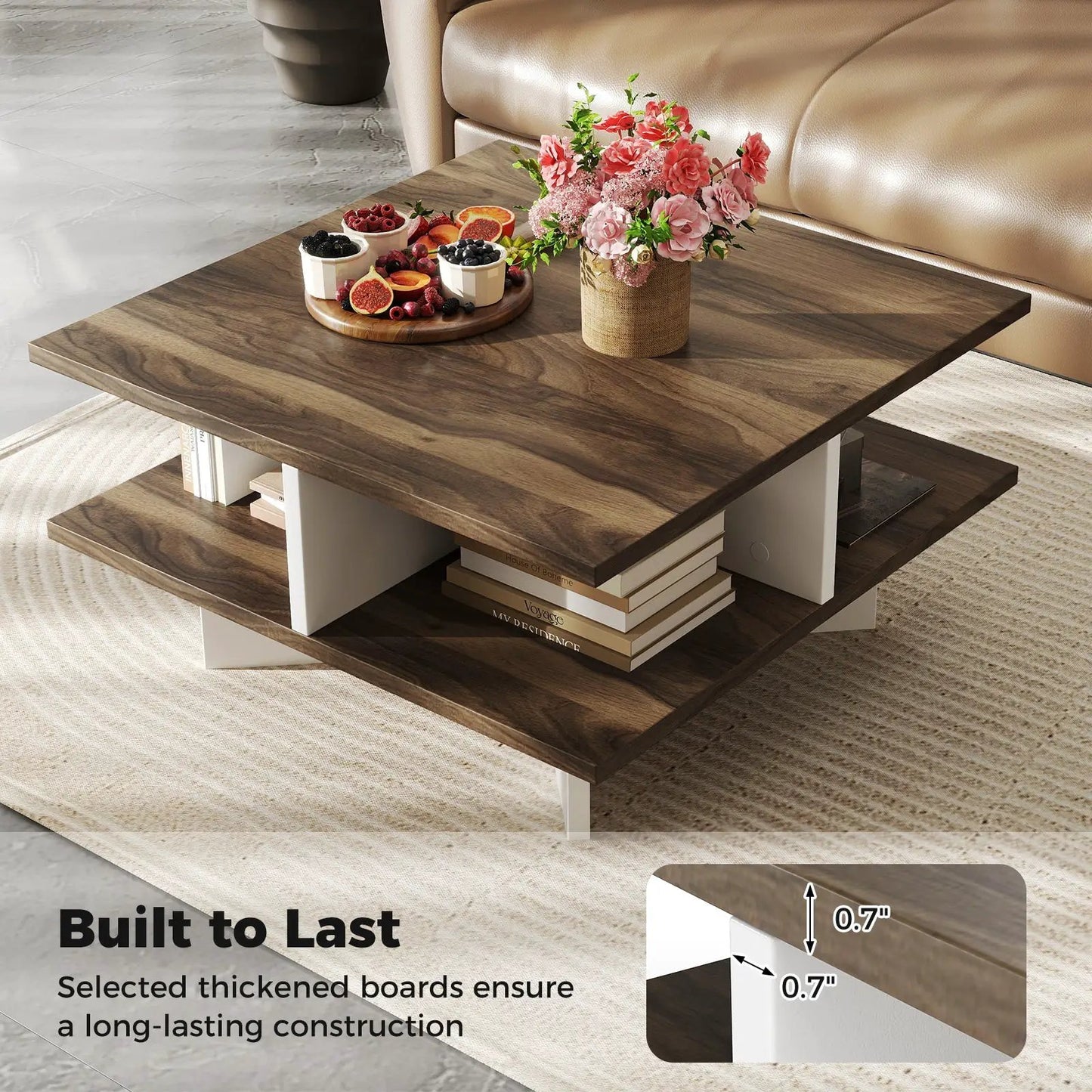 Walnut 2-Tier Square Coffee Table with 4 Storage Compartments DirectDeals on Tampa Home & Garden Store