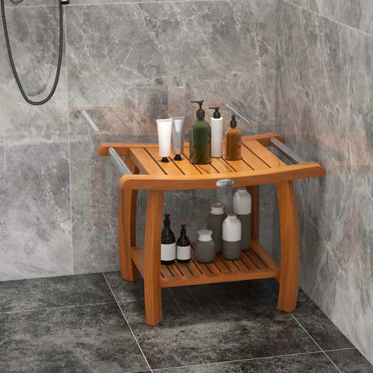 2-Tier Teak Shower Bench with curved seat and handles, teak wood bathroom stool DirectDeals on Tampa Home & Garden Store