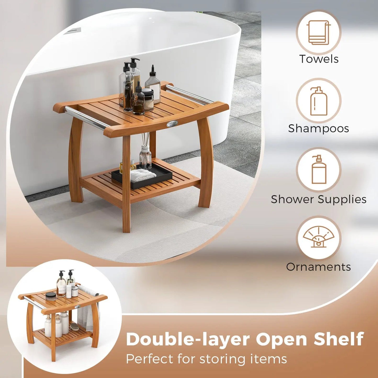 2-Tier Teak Shower Bench with curved seat and side handles in natural wood by DirectDeals on Tampa Home & Garden Store