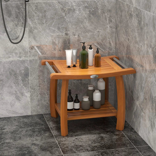 Two-tier teak shower bench with curved seat and lower shelf PatioJoy on Tampa Home & Garden Store