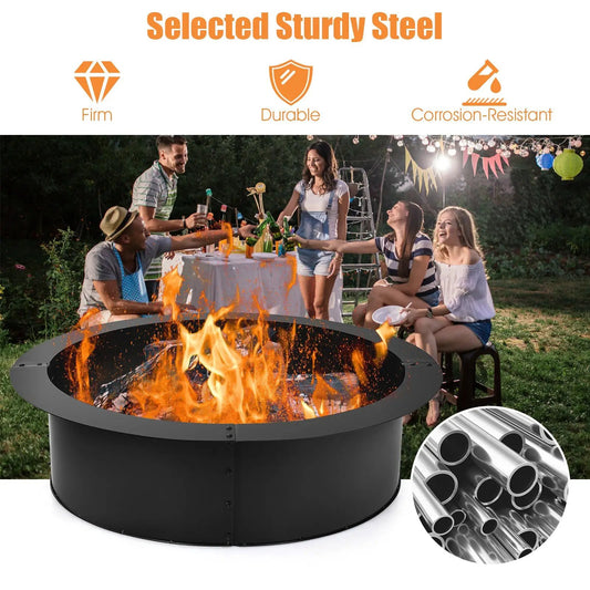 36 Inch Round Black Steel Fire Pit Ring for Outdoor Use in a backyard party with a blazing fire on Tampa Home & Garden Store