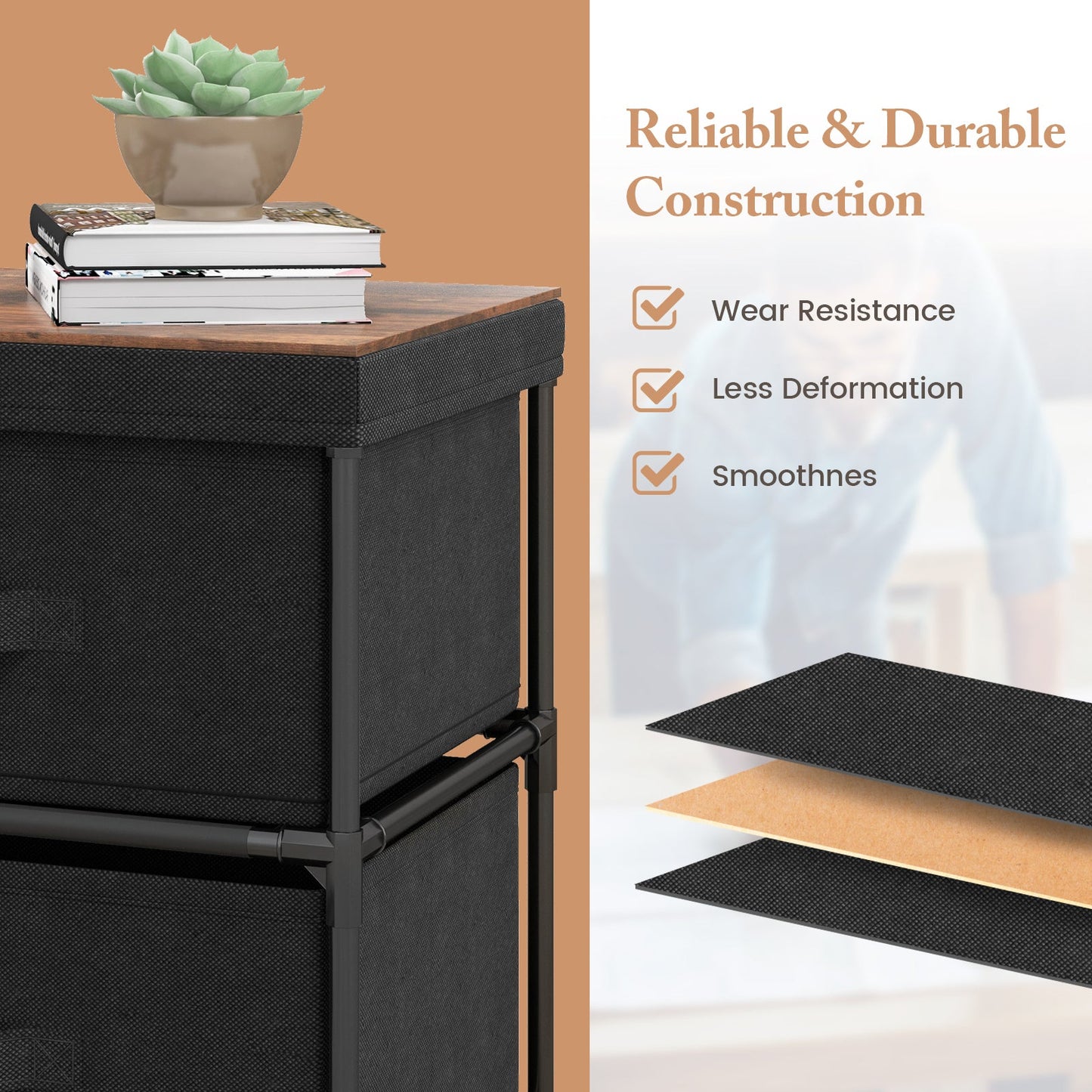Two-drawer nightstands with removable fabric bins, black fabric-wrapped, DirectDeals set of 2 on Tampa Home & Garden Store