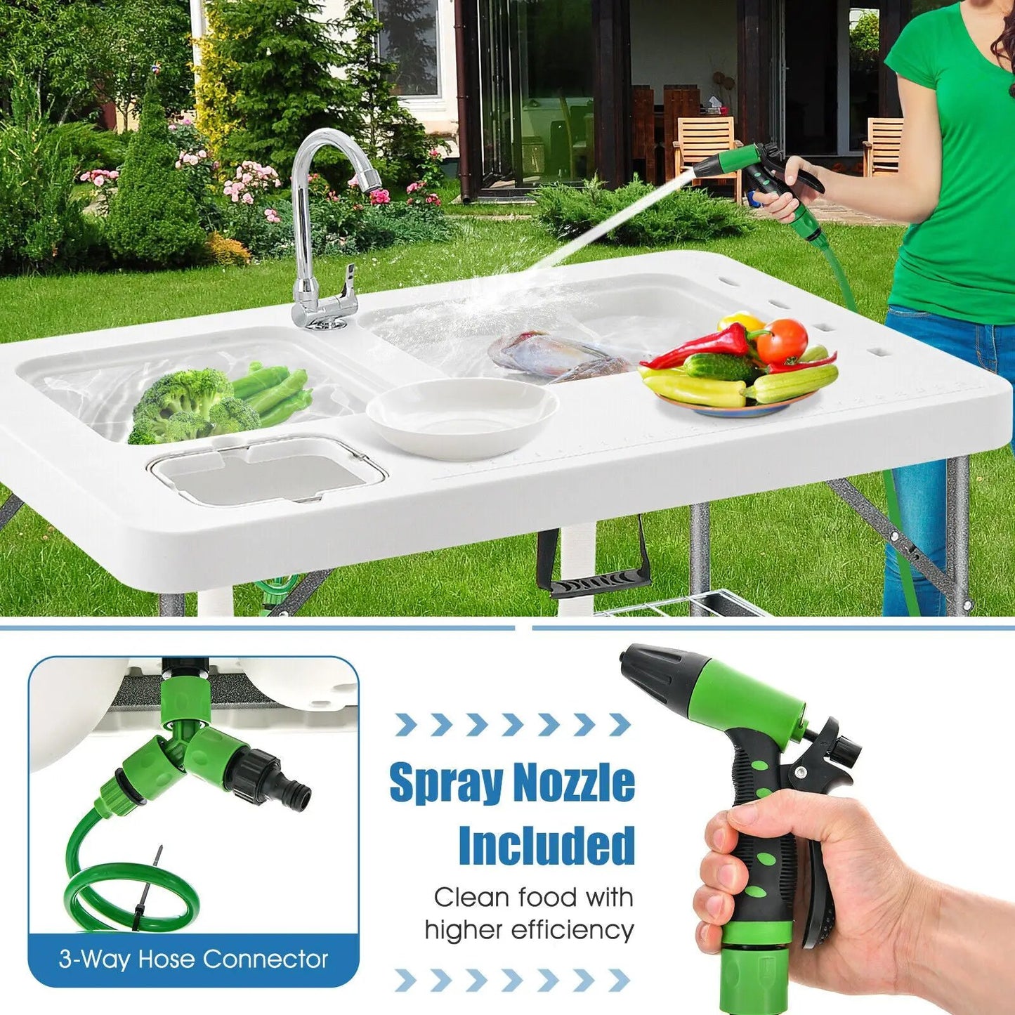 White 2-in-1 folding fish cleaning table with built-in sink and faucet for outdoor use on Tampa Home & Garden Store