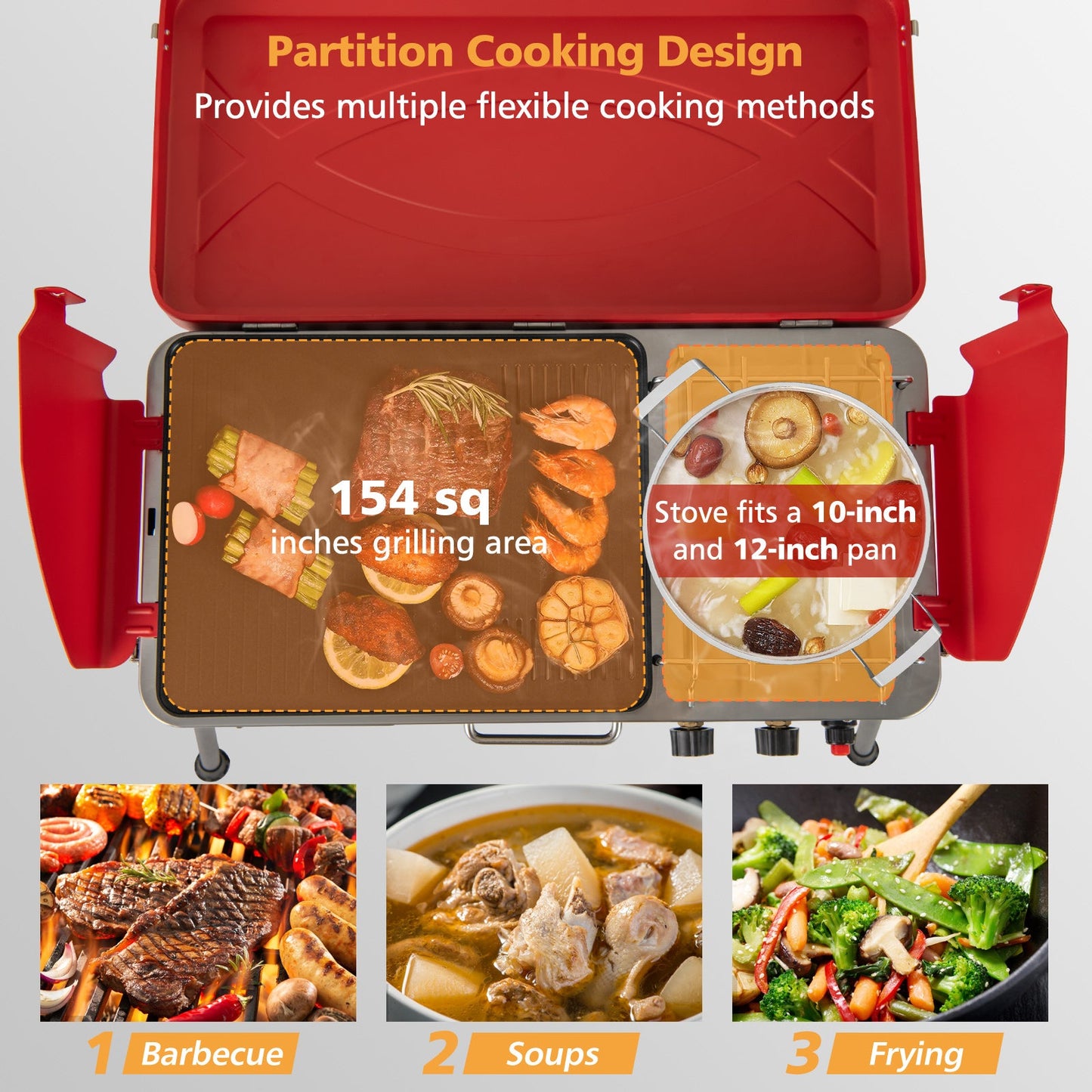 2-in-1 Gas Camping Grill and Stove with 4 Detachable Legs-Red