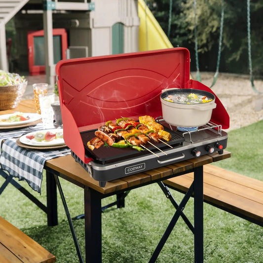 2-in-1 gas camping grill and stove portable red lid with pot burner COSTWAY on Tampa Home & Garden Store