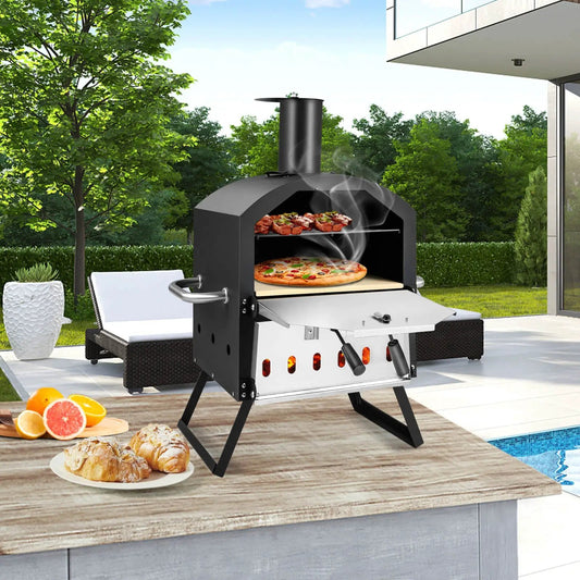 Outdoor pizza oven by DirectDeals, black with folding legs and heatproof handles, chimney on Tampa Home & Garden Store