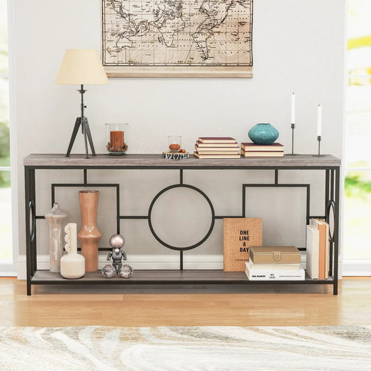 2-Tier Faux Marble Console Table with Storage shelf, black metal frame on Tampa Home & Garden Store