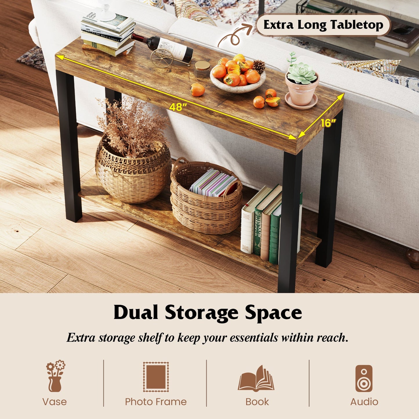 Rustic two-tier bar table with wood top and black legs; open shelves hold books and wine on Tampa Home & Garden Store