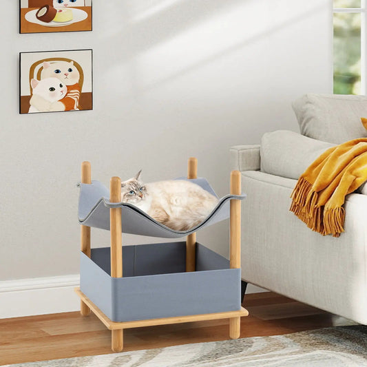 2-Tier Wooden Cat House with semi-enclosed condo, blue-gray base cat lounging in fabric hammock on Tampa Home & Garden Store