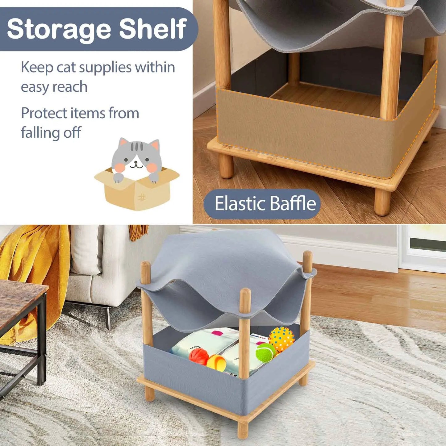 2-Tier wooden cat house with semi-enclosed condo, gray-blue base, natural wood frame on Tampa Home & Garden Store