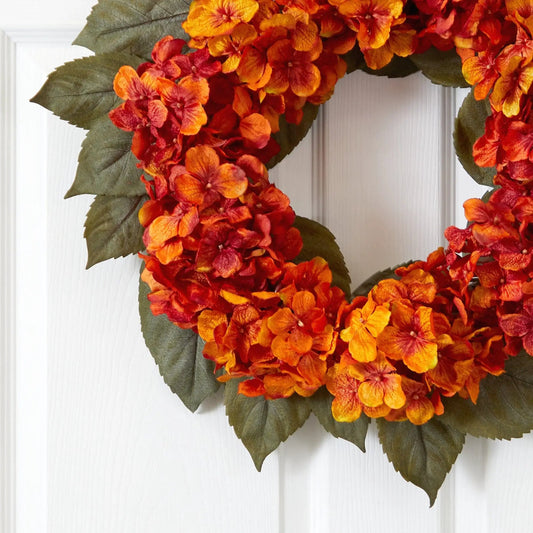 Autumn Hydrangea artificial wreath, 20 in, orange red yellow blooms with green leaves on Tampa Home & Garden Store