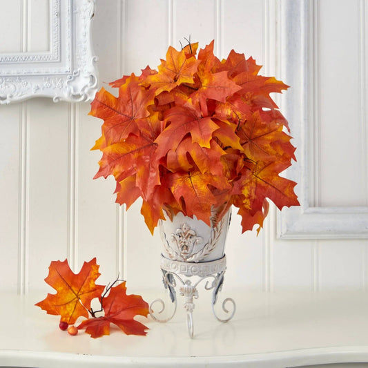 Autumn Maple Leaf Artificial Plant in Planter orange-red leaves in a white ceramic vase on Tampa Home & Garden Store